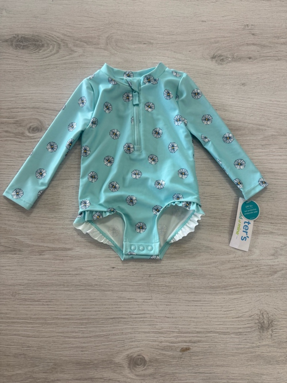 Carter's Light Turquoise Floral Long-Sleeve Swim One-Piece